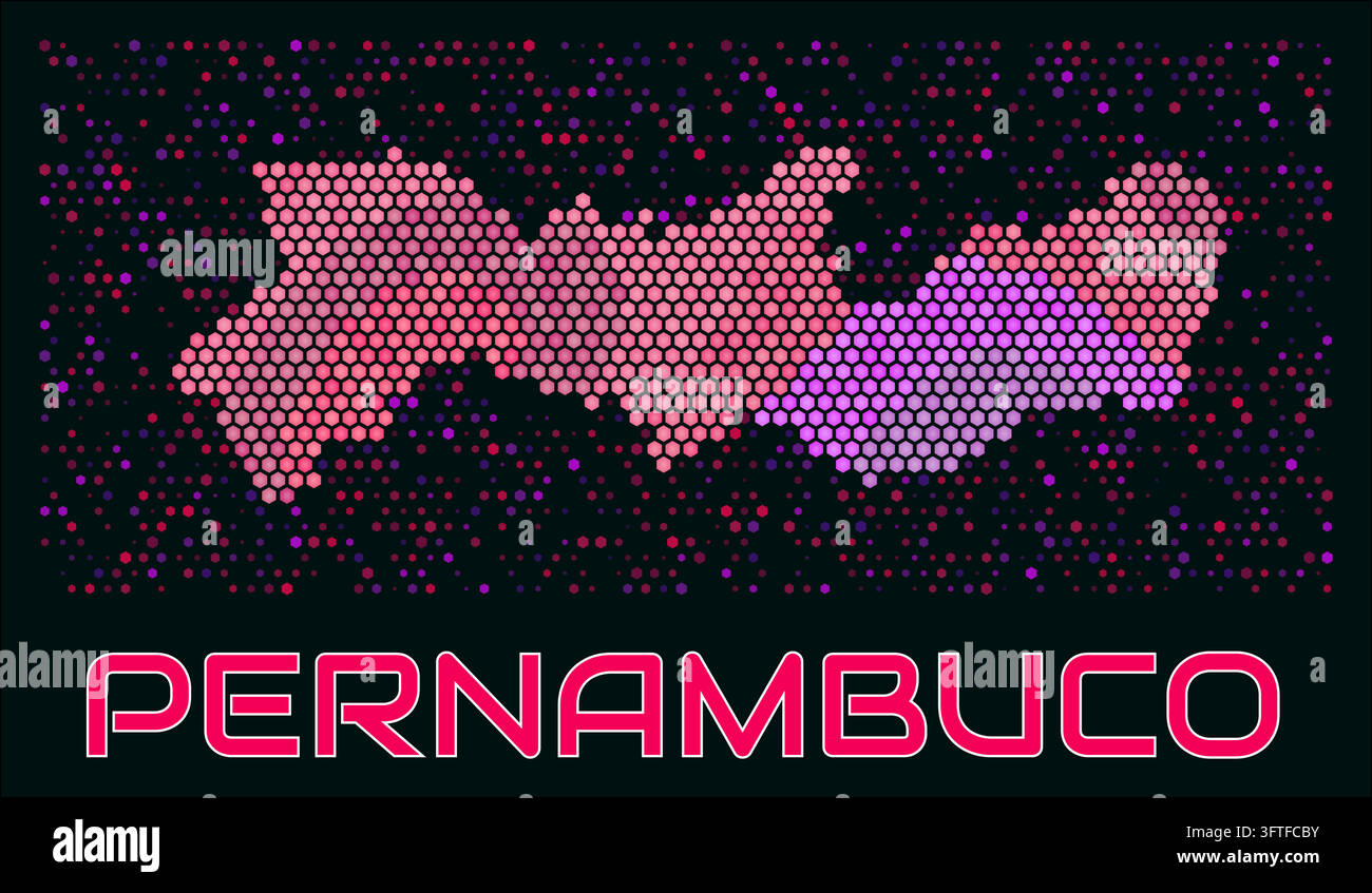 Pernambuco digital style hexagon map. Vibrant magenta purple pink neon ...
