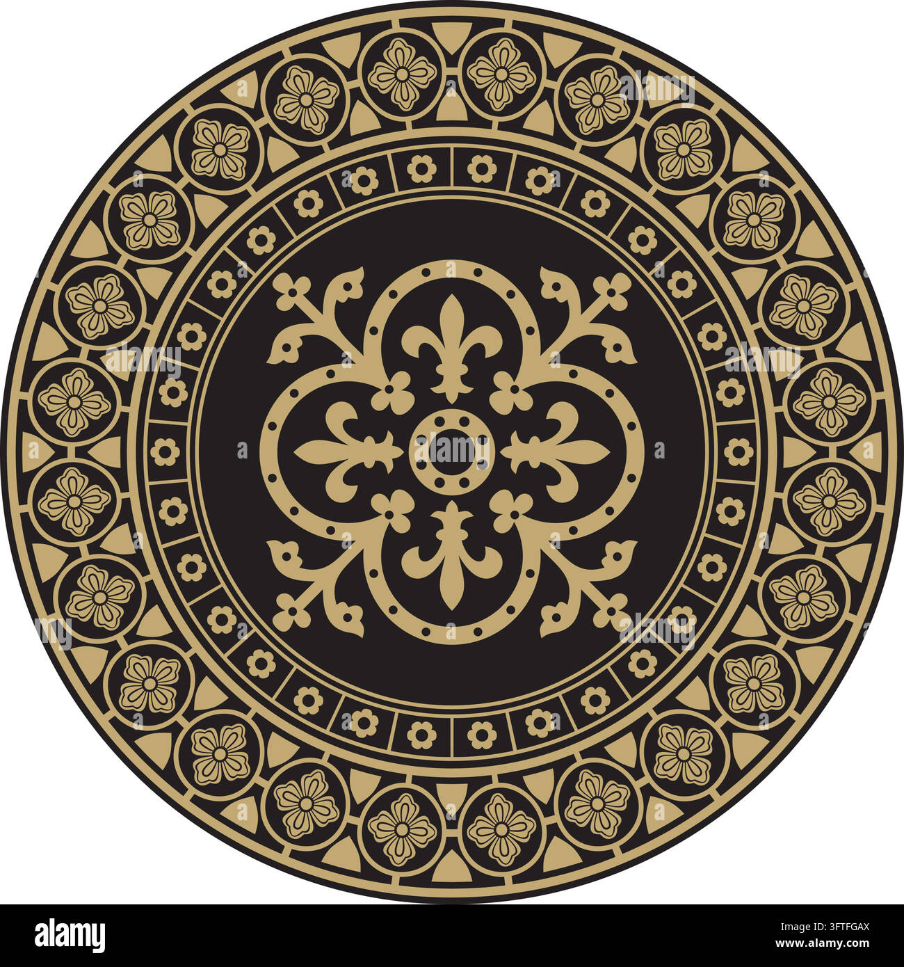 Vector black and gold round gothic ornament. Medieval European circle ...