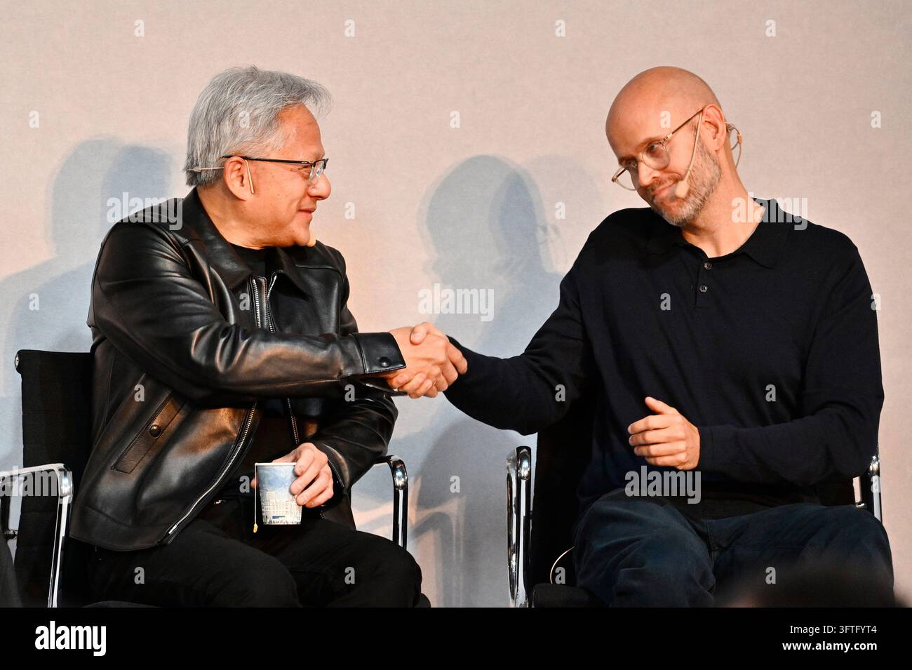 Jensen Huang, CEO of Nvidia, and Daniel Ek, founder of Spotify, during ...