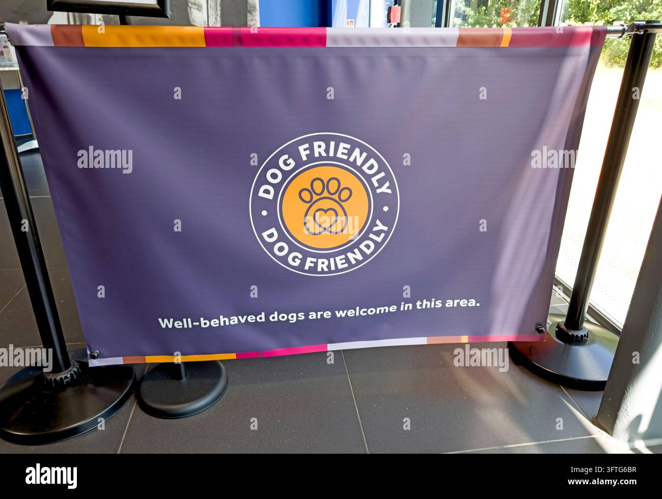Dog-friendly sign welcoming pets at Lion Salt Works in Cheshire Stock Photo