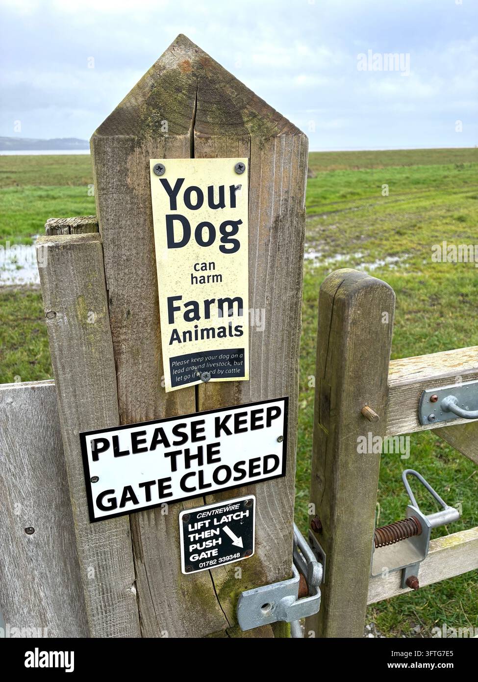 Sign warning Your Dog can Harm Farm Animals on footpath gate in Scotland UK - Smartphone Captured Stock Image