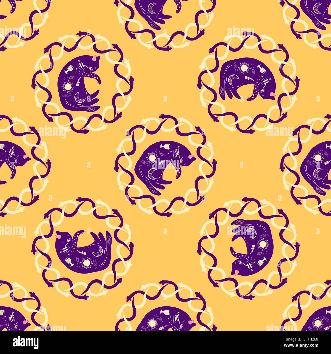 Mystical seamless pattern of cats in boho style, silhouette collection ...