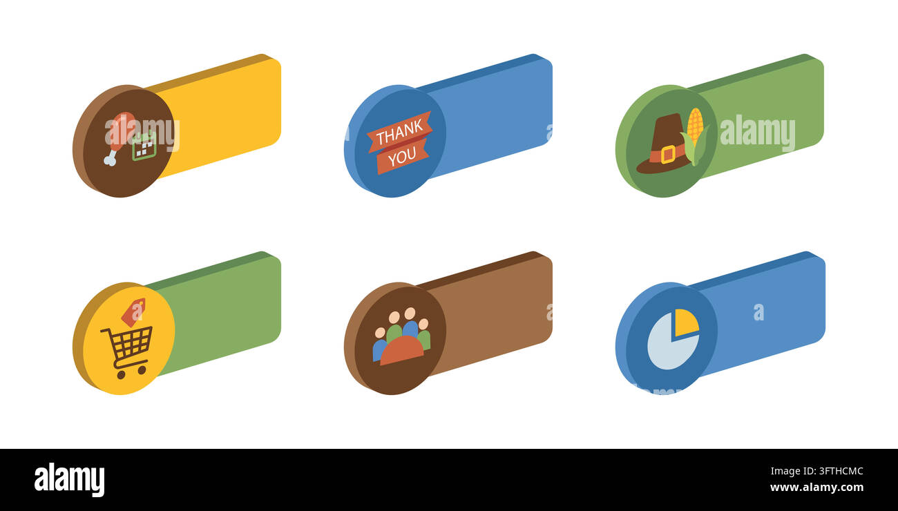 Isometric Thanksgiving And Shopping Vector Button Set on white background isolated Stock Vector