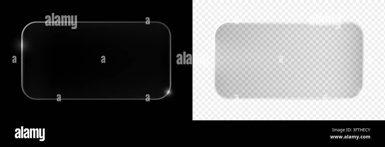 Realistic platinum liquid glass rectangle shiny effect frame overlay isolated on black and transparent background. Modern Ui glassmorphism boarder neo Stock Vector