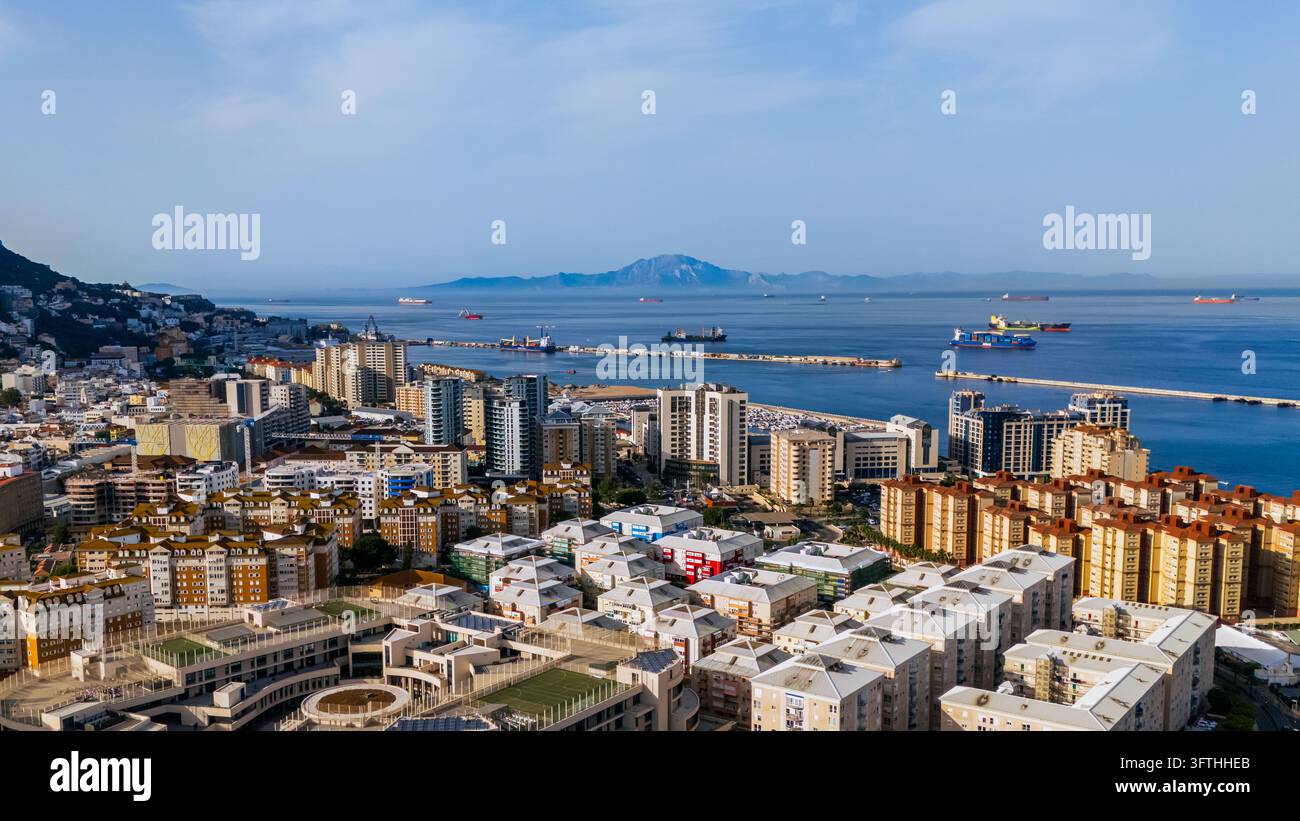 Aerial view of the Rock of Gibraltar and the urban landscape featuring ...