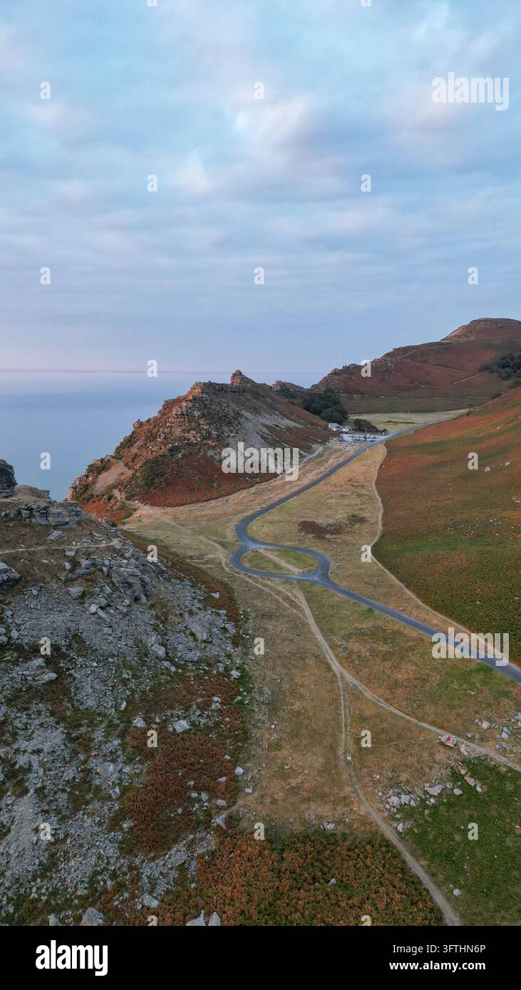 Aerial view of Sunset at Valley of Rocks featuring dramatic rocky ...