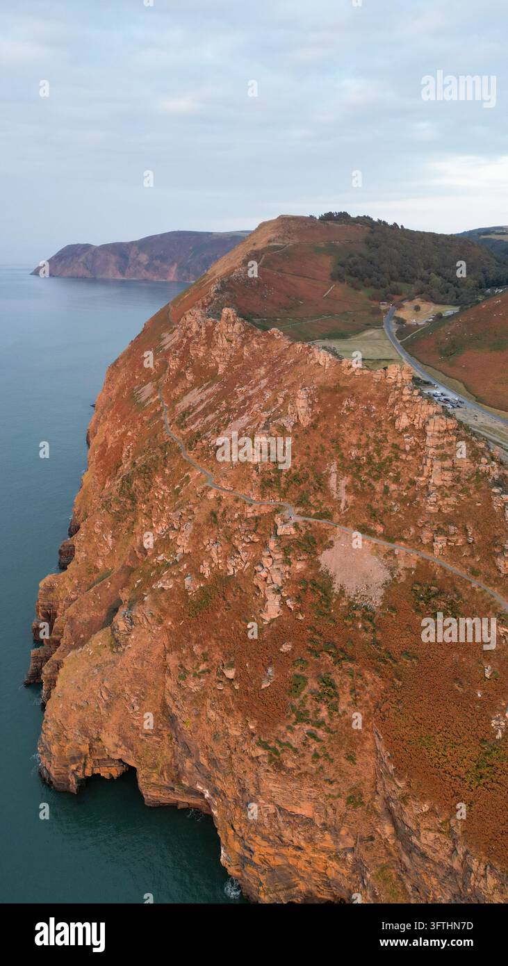 Aerial view of the dramatic rocky cliffs at Valley of Rocks with a ...