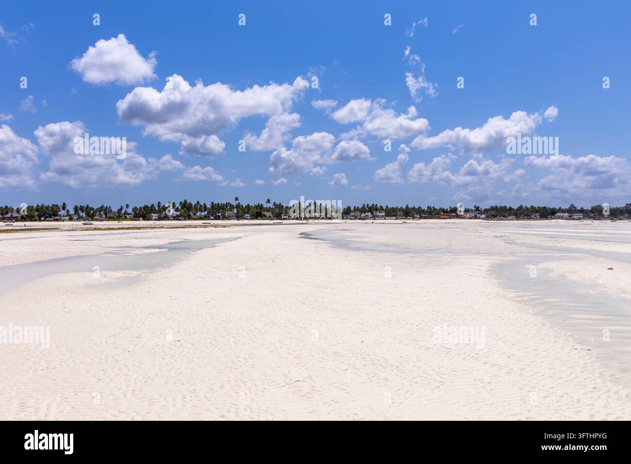 Wide view of a white sand tidal flat at low tide with shallow pools and ...