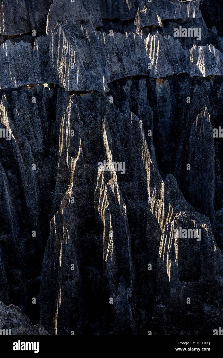 Layered ridges of tsingy limestone rock catch the light in overlapping ...