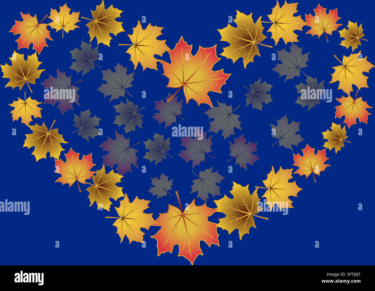 Autumn heart shape pattern with maple leaves on a dark blue background Stock Vector
