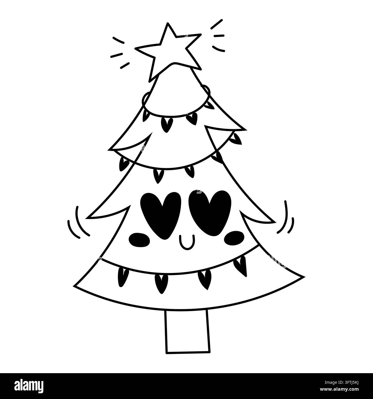 Christmas tree character with heart eyes, star and lights. Black ...