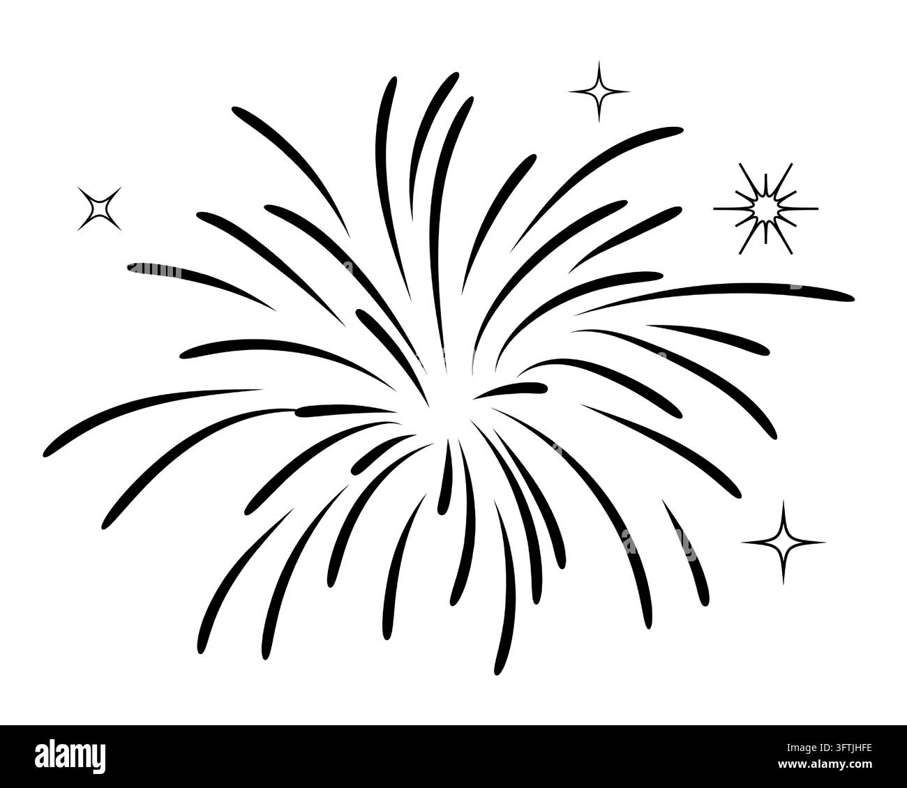 Fireworks with sparks, black and white linear vector illustration. For ...