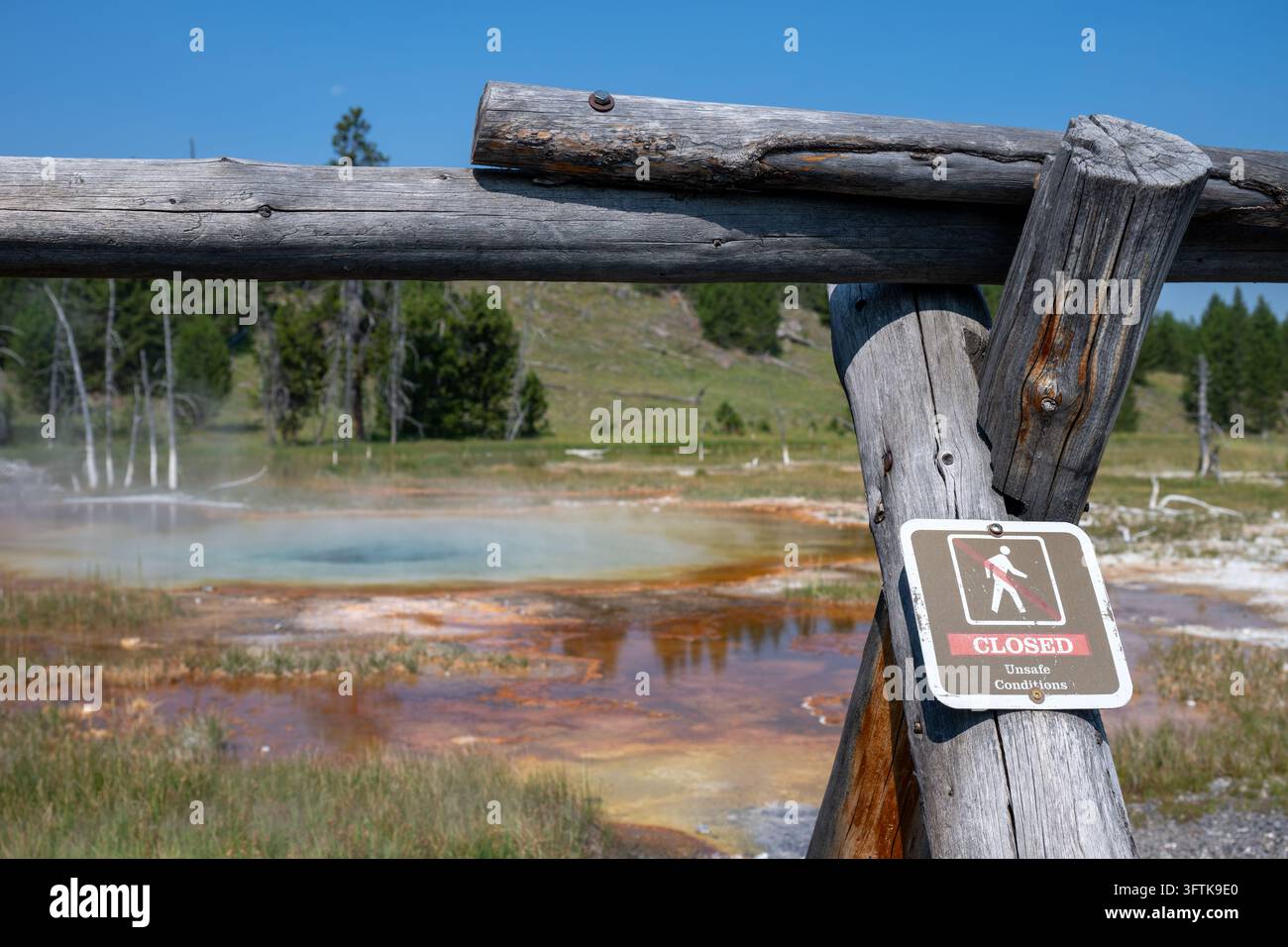 Warning sign indicates closed and unsafe area in Yellowstone National ...