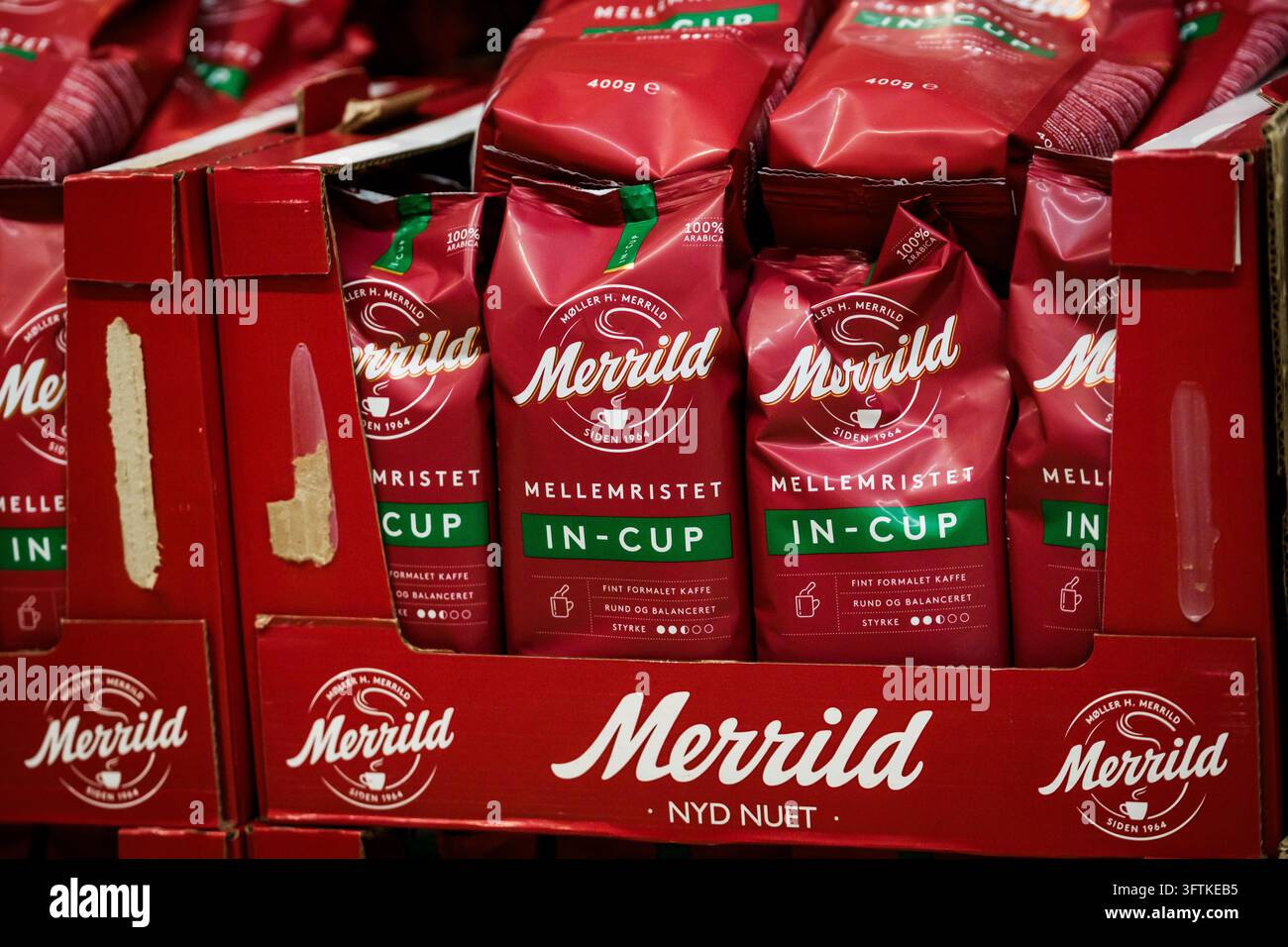 RIGA, LATVIA. 12th March 2026. Red packs of Merrild Mellemristet In-Cup ...