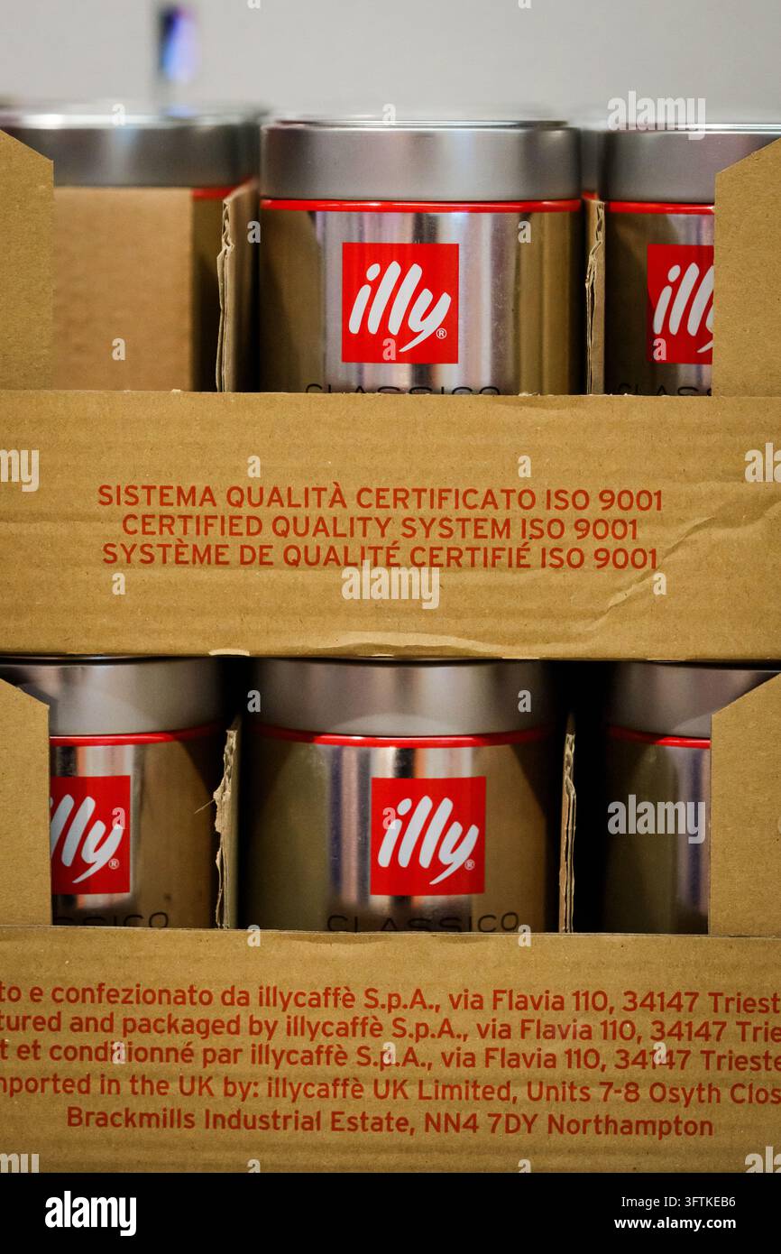 RIGA, LATVIA. 12th March 2026. Metal tins of Illy Classico espresso ...