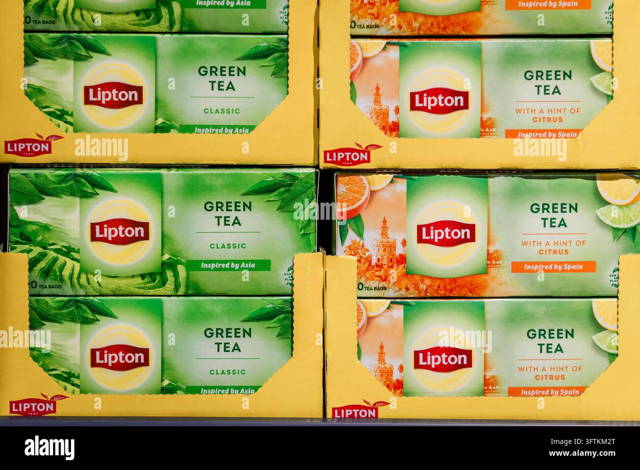 RIGA, LATVIA. 12th March 2026. Boxes of Lipton Classic Green Tea and ...