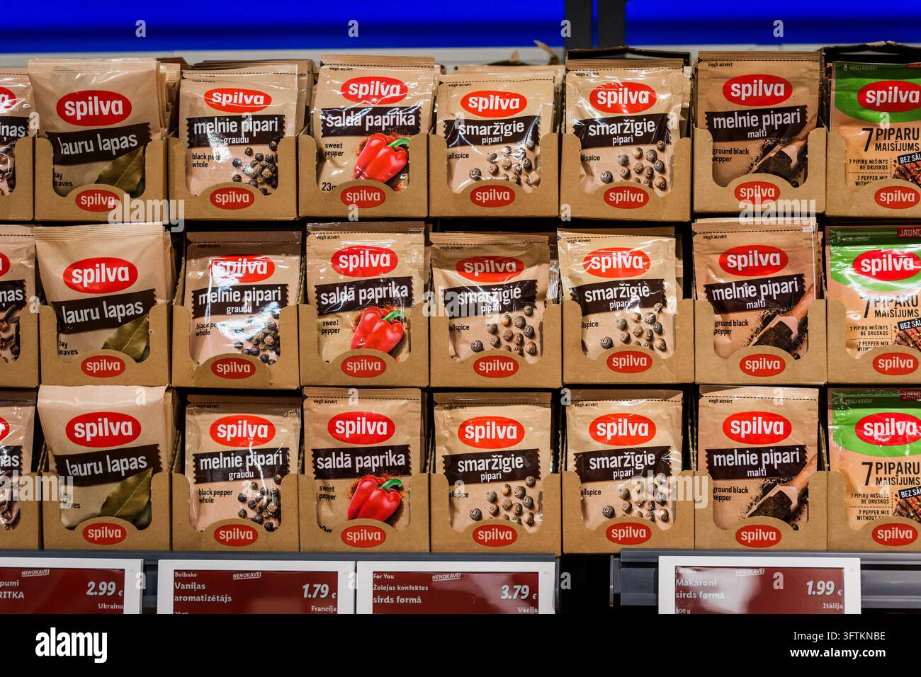 RIGA, LATVIA. 12th March 2026. Paper packets of Spilva brand spices ...