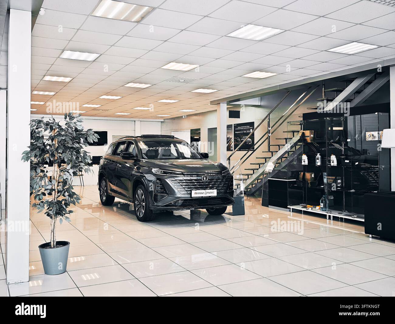 Perm, Russia - March 05, 2026: Changan dealership displays a new black ...