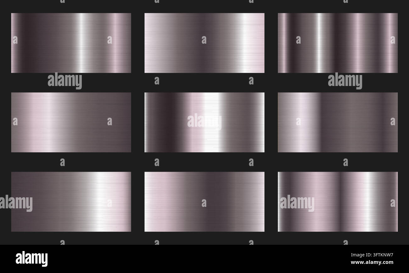 Set of nine brushed metallic textures in silver, pink, and purple tones ...