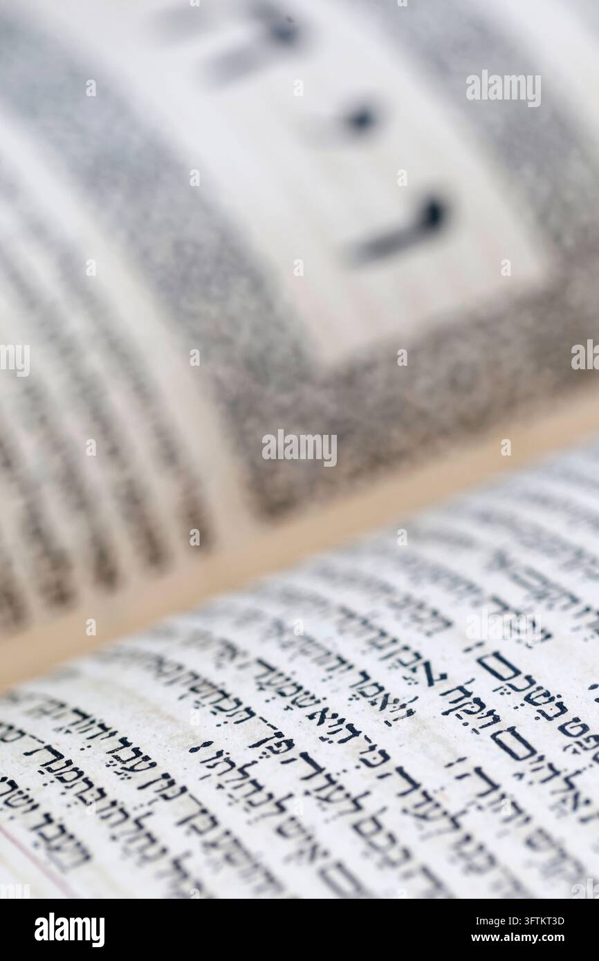 Depth Using Size A close-up shows Hebrew characters printed on the pages of the sacred ...