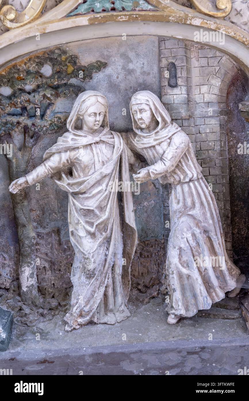 Yonne, Burgundy, France. Stone bas-relief depicting the Visitation—the ...
