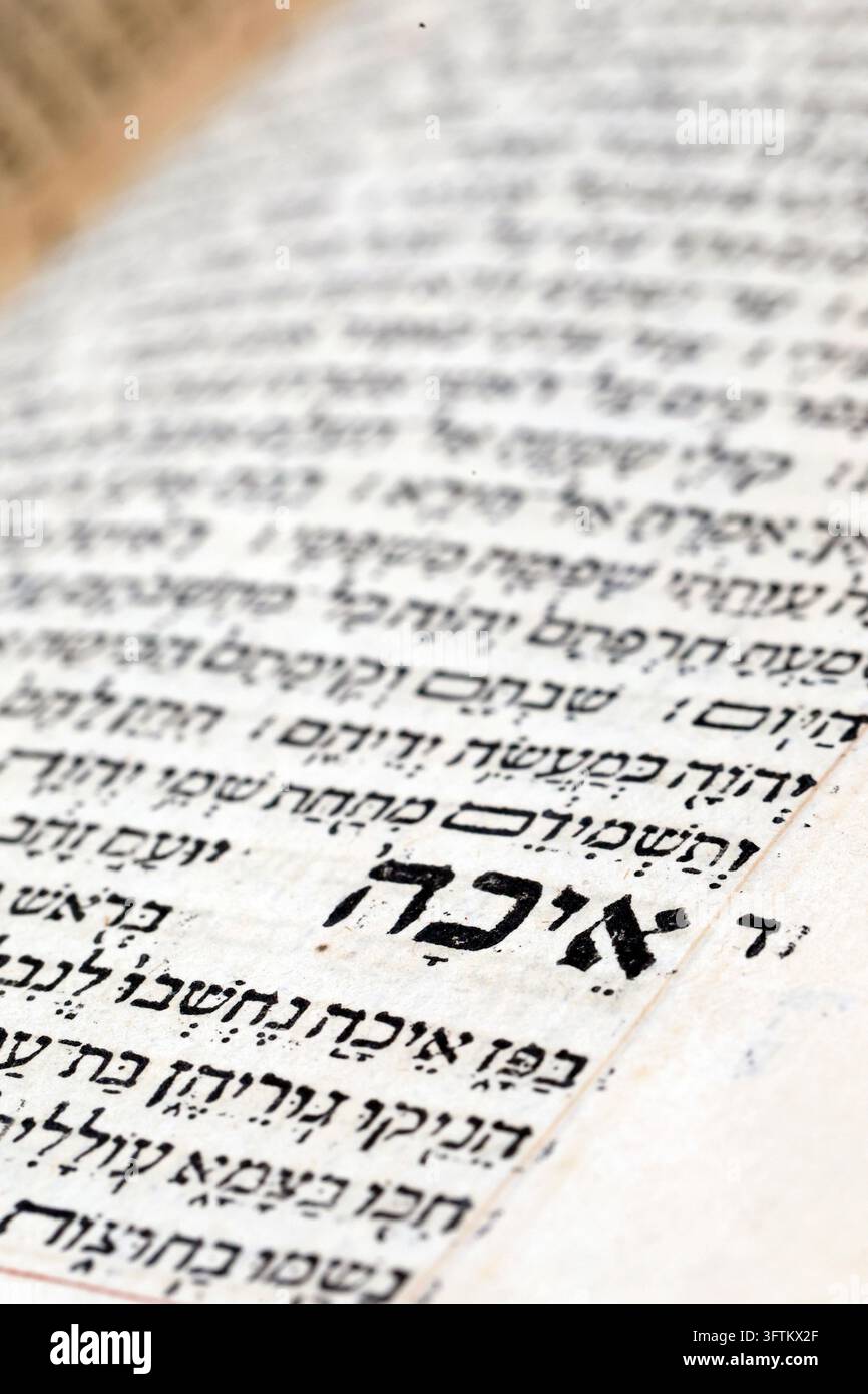 A page of sacred Hebrew text printed in black ink on antique paper ...