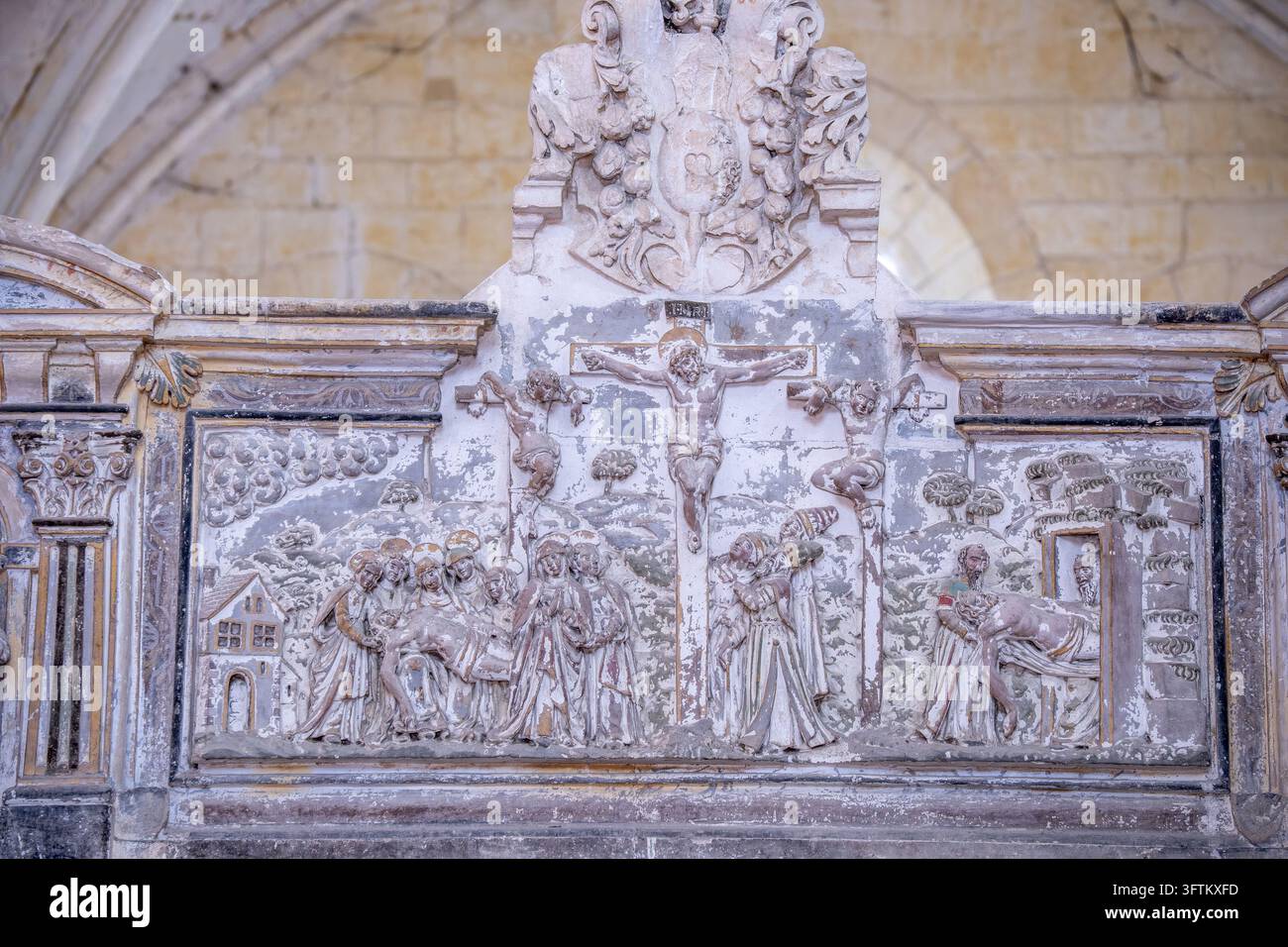 Yonne, Burgundy, France. A carved bas-relief in the Church of Saint ...