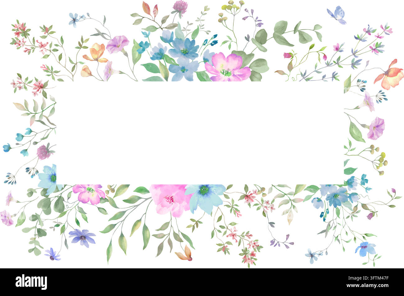 Watercolor Wildflower Horizontal Frame. Meadow Flowers and Green Leaves ...