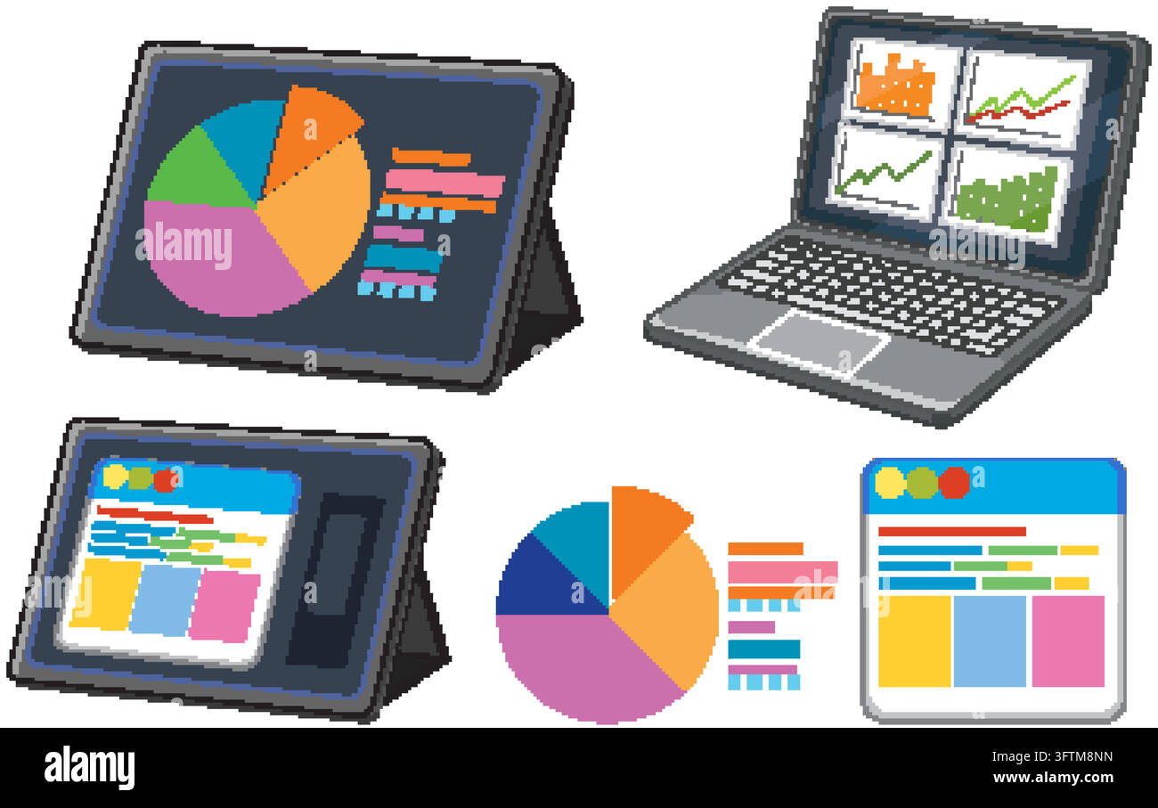 Professional vector illustration of digital devices displaying colorful financial charts, graphs, and data analytics interfaces. Stock Vector