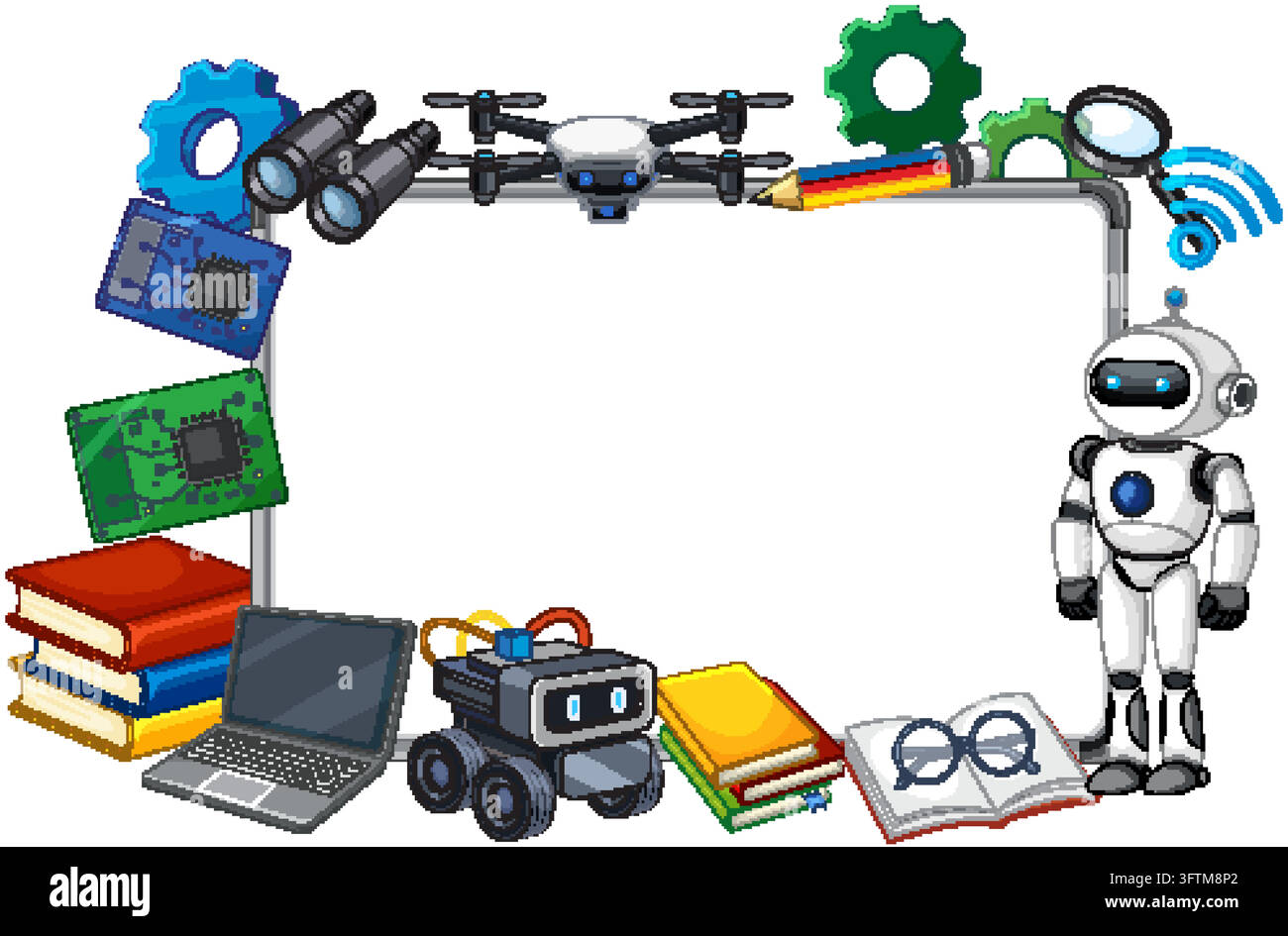 A flat vector illustration of a blank whiteboard surrounded by robotics ...