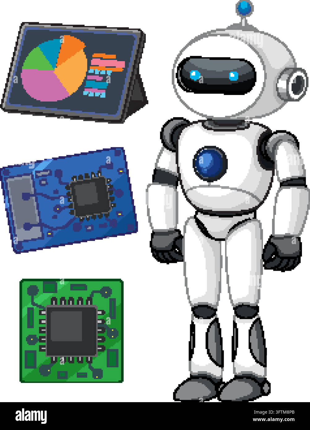 Vector illustration of a friendly robot standing beside a data ...