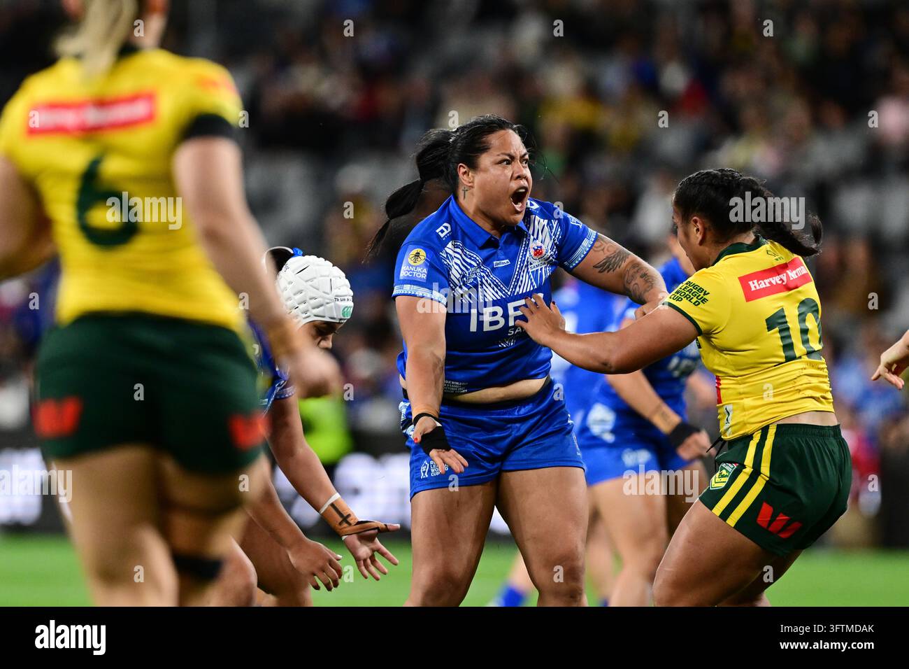 Annetta Nuuausala of Samoa reacts during the Women's Rugby League World ...