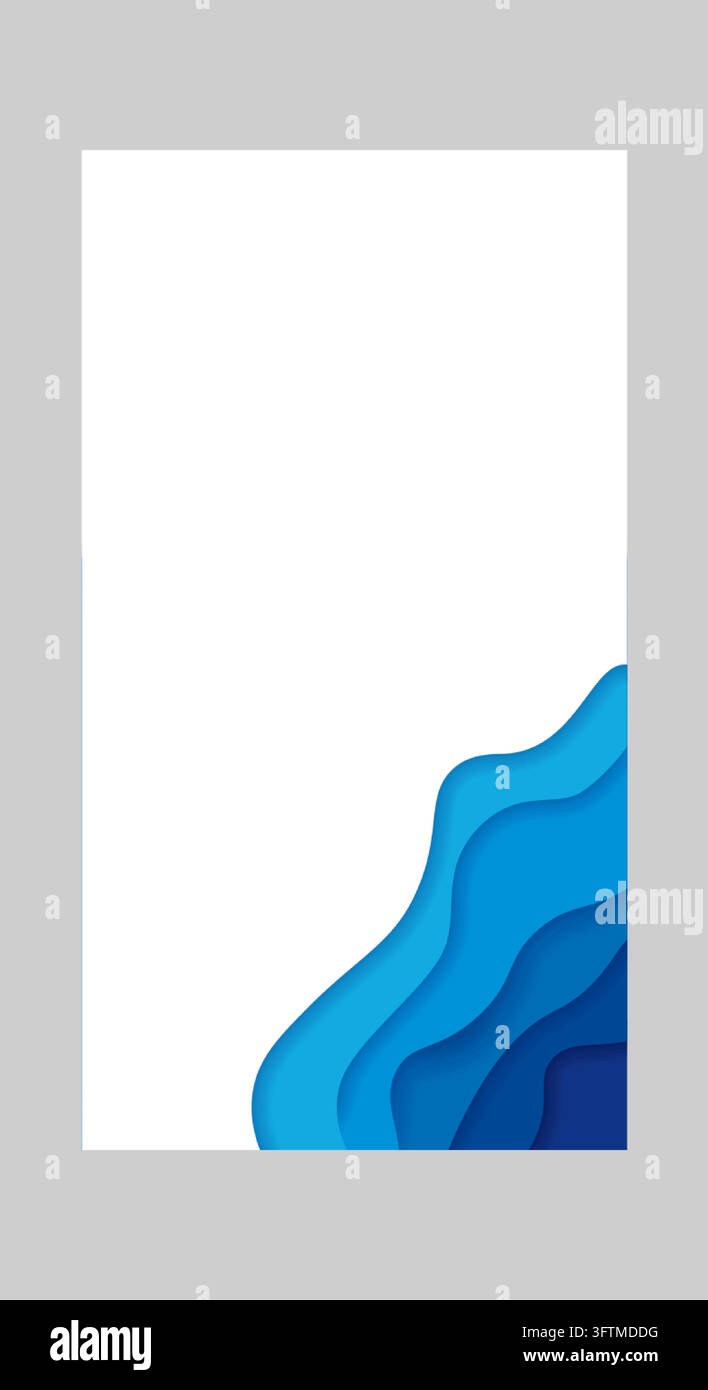 Modern blue paper cut vertical background with layered abstract wave ...