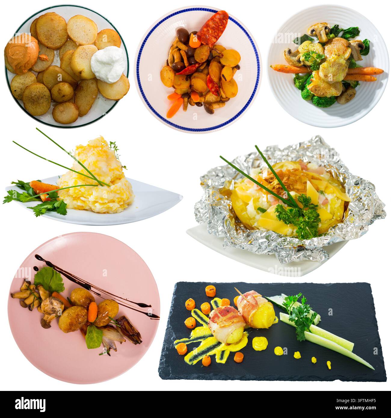 Set of various appetizing dishes with potatoes isolated on white ...