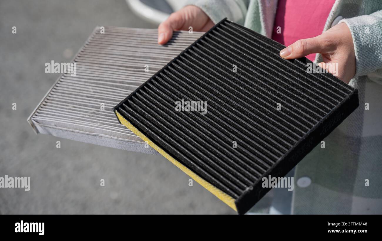 Filte Image A woman compares old and new cabin air filters Stock Photo - Alamy
