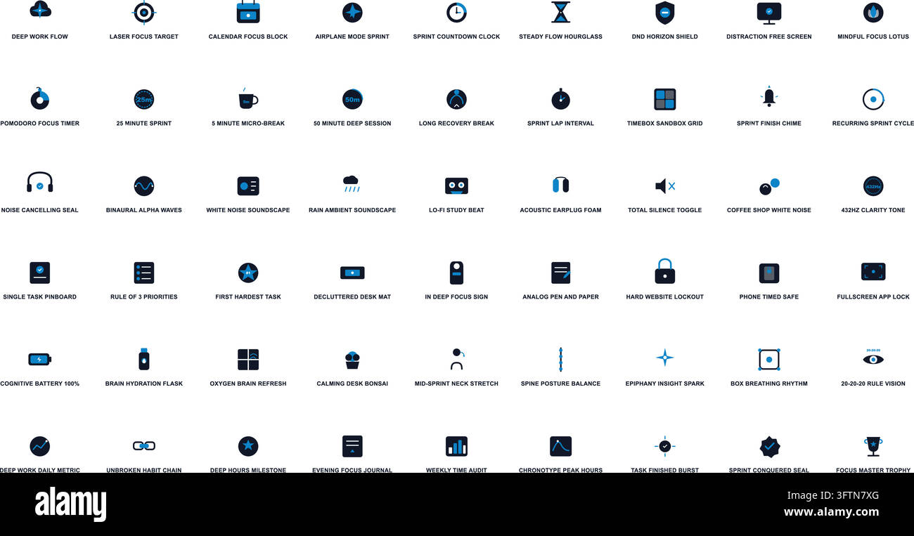 Focus Time Icon Set Deep Work Concentration Productivity Signs Stock Vector