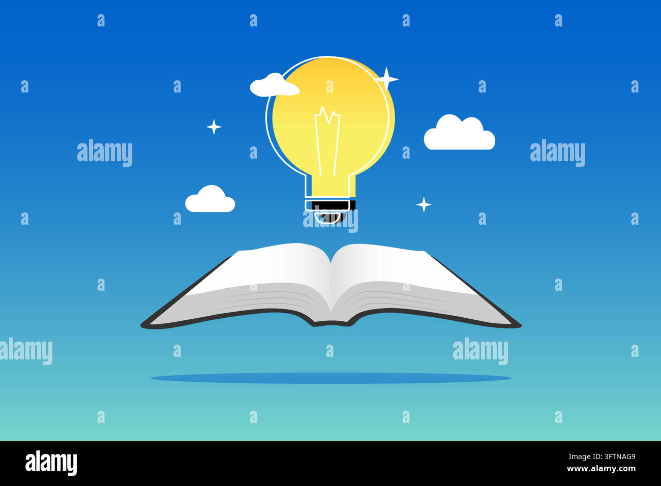 Open book floats above blue sky. Lightbulb hovers above pages, glowing brightly. Clouds drift gently around the scene. Stock Vector
