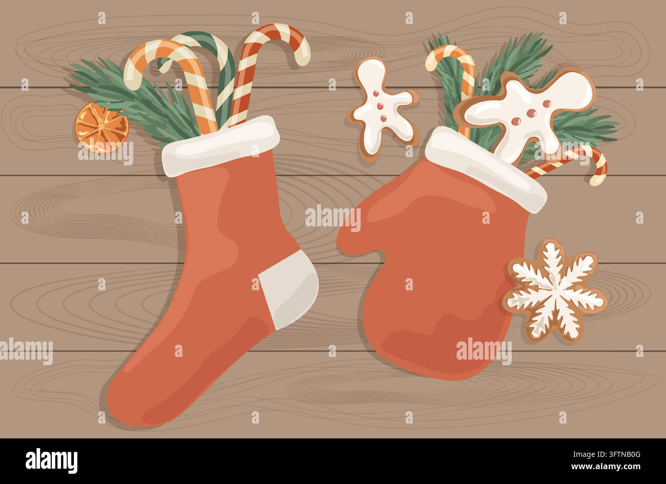 Flat lay Christmas stocking and mitten with gifts on wooden table. Cozy ...