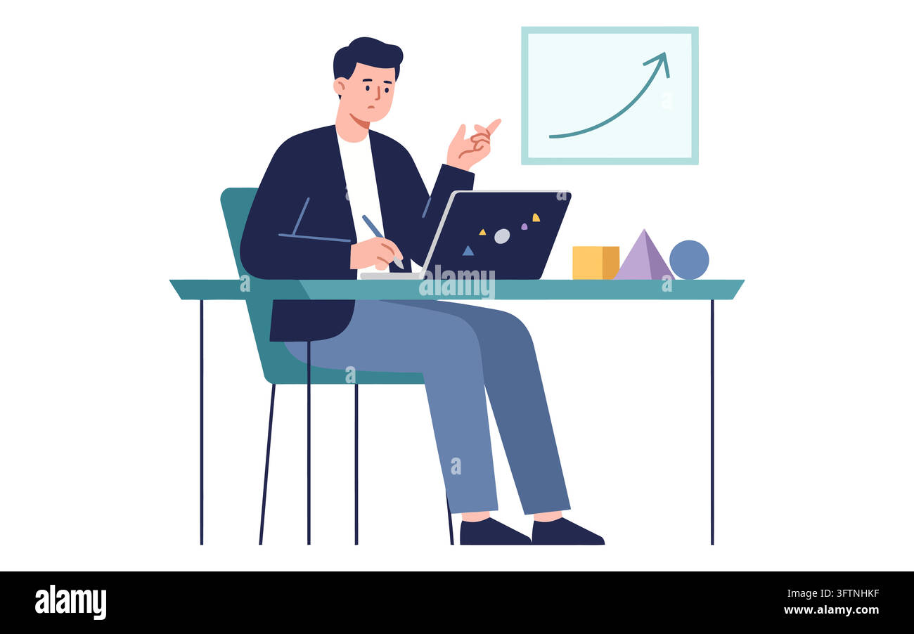 Businessman working on laptop with growth chart on desk isolated on ...