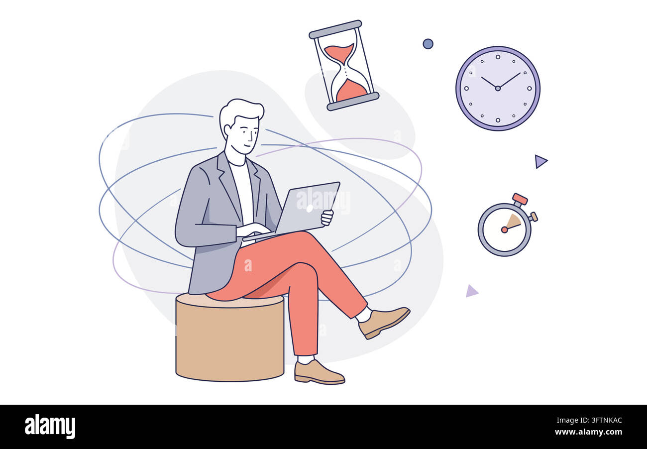 Business man working on laptop with time management icons isolated on ...