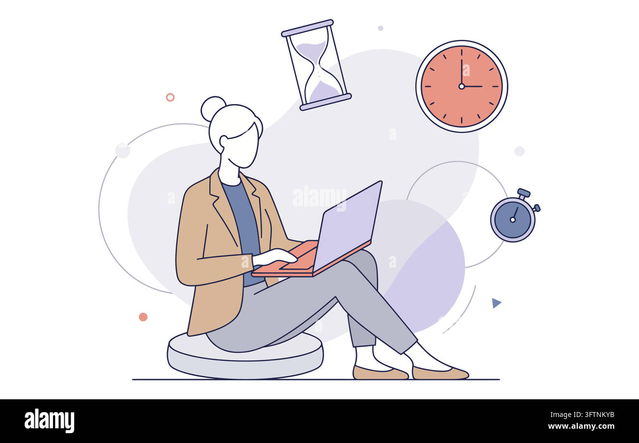 Business woman working on laptop with time management icons isolated on ...