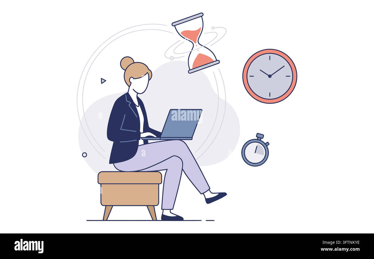 Businesswoman working on laptop with time management icons isolated on ...
