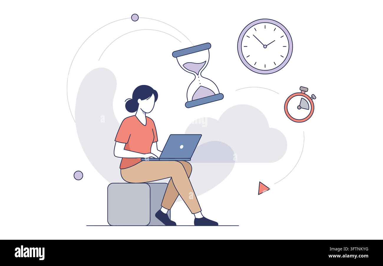 Woman working on laptop with time management icons isolated on ...