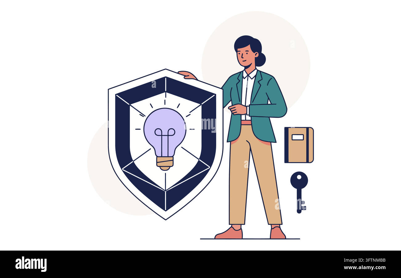 Business woman protecting creative idea with shield and key isolated on ...