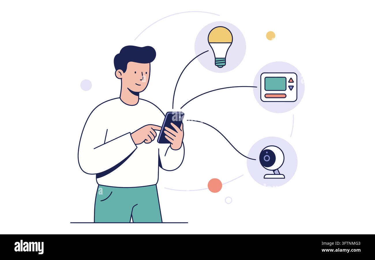 Man using smartphone to control smart home devices isolated on ...