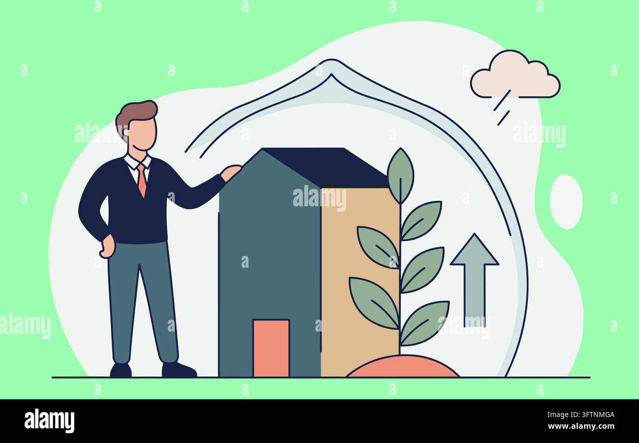 Businessman protecting a house and plant under a dome isolated on ...