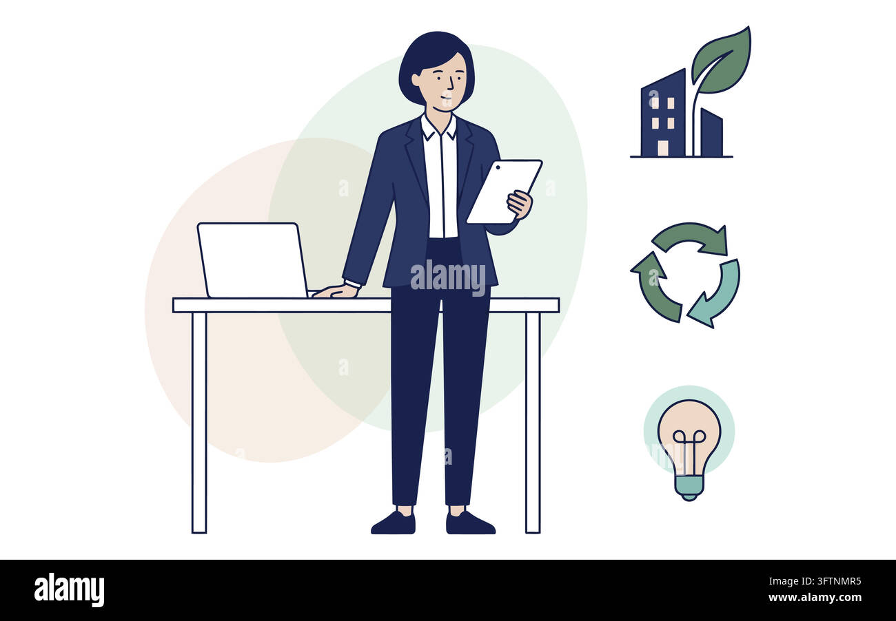 Business woman standing at desk with green energy icons isolated on ...