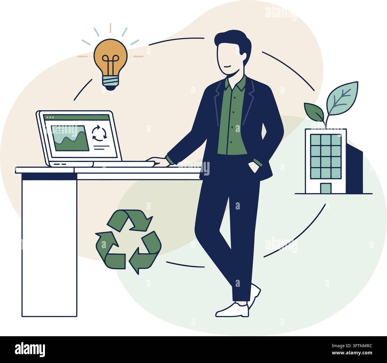 Businessman standing by desk with eco friendly office ideas isolated on ...