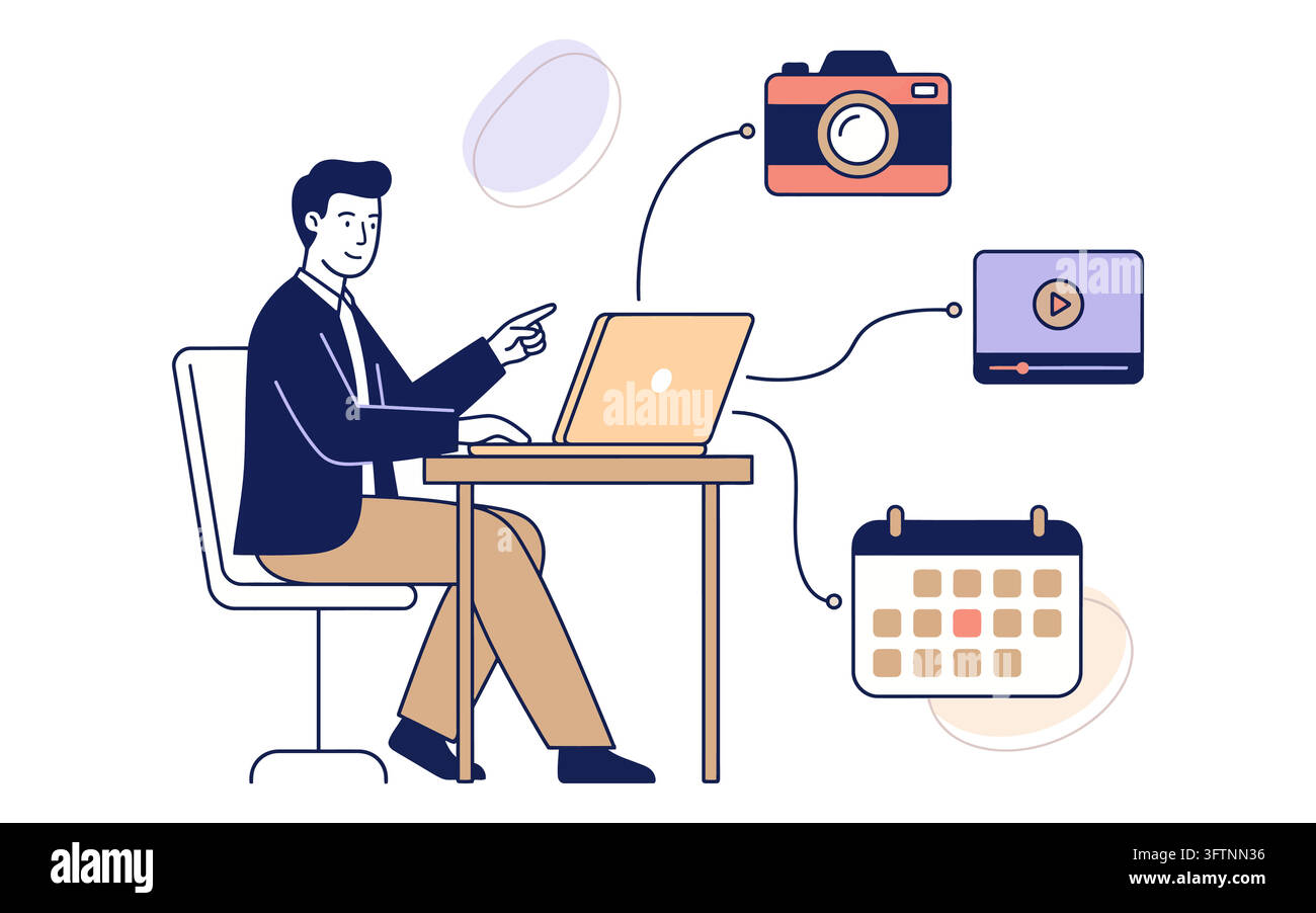 Business man working on laptop with digital media icons isolated on ...