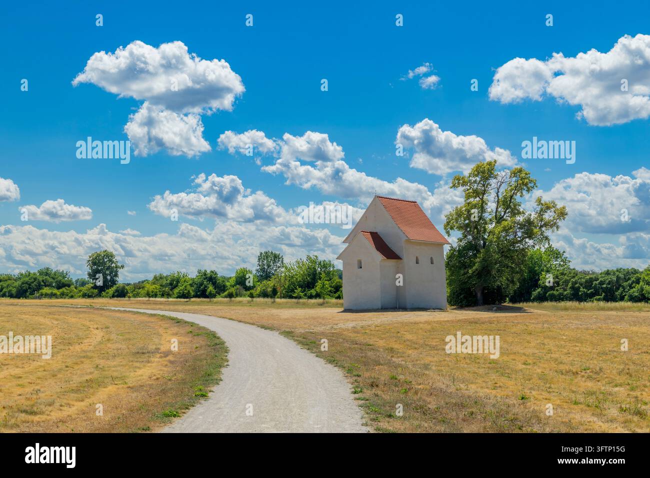 Historic church standing in a dry field under a blue summer sky with a ...